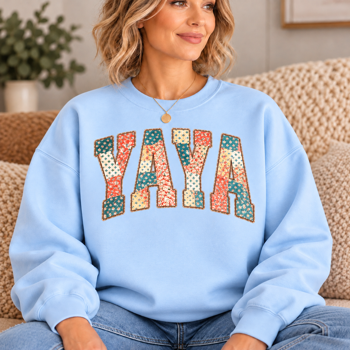 YAYA Light Blue Floral Patchwork Crewneck